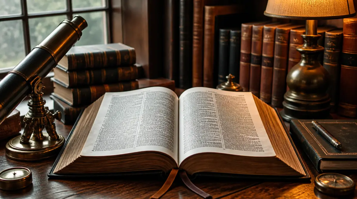una Biblia abierta junto a libros y un telescopio