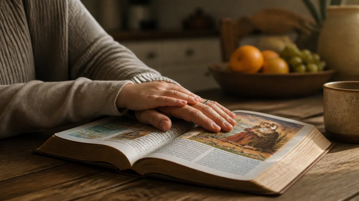 mano de un nino sobre la mano de su madre y un libro