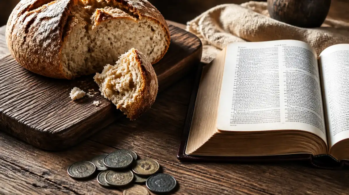 mesa de madera con pan, monedas y una Biblia