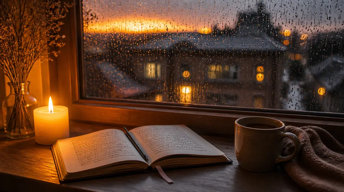 lluvia en la ventana con una vela y un diario