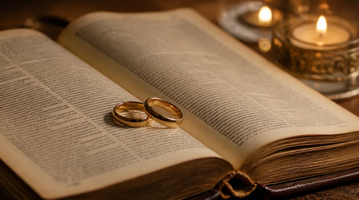 dos anillos de boda sobre una Biblia abierta
