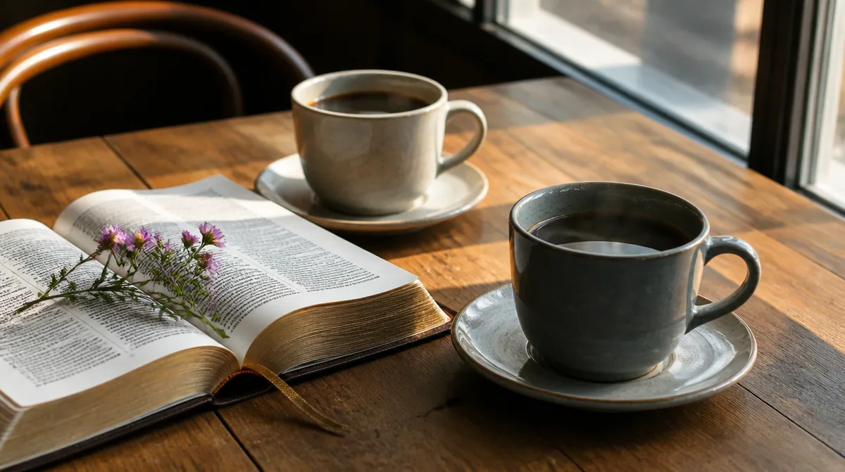 dos tazas de cafe junto a una Biblia abierta