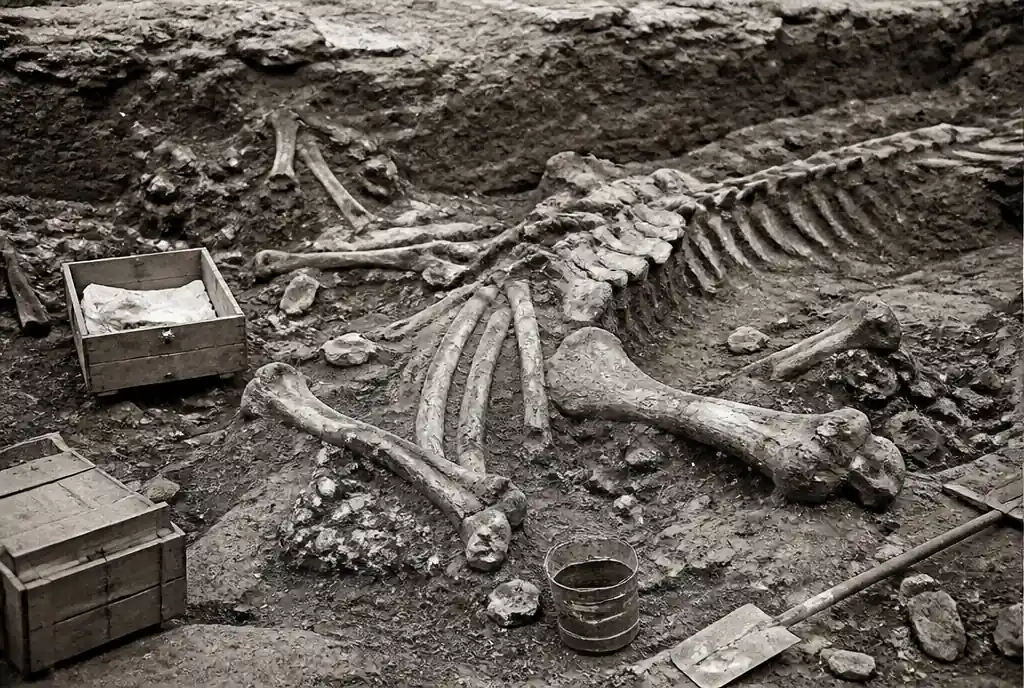 excavación de fósiles antiguos con huesos gigantes en el siglo XIX