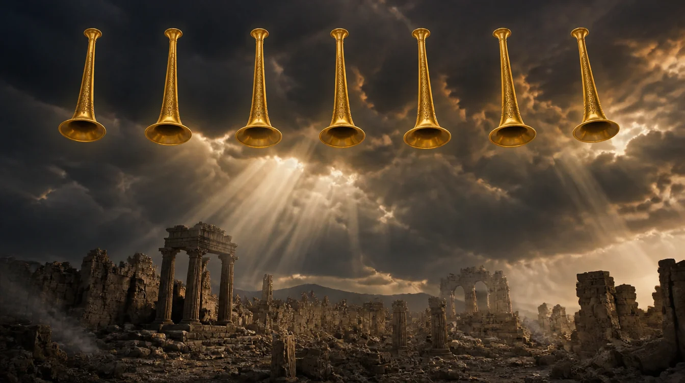 siete ángeles con trompetas de pie ante el altar celestial junto a las oraciones de los santos